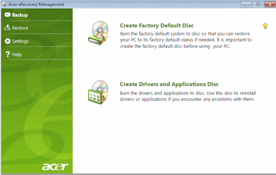 acer aspire windows vis recovery disc