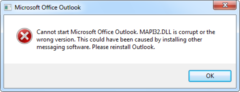 cannot throw open Outlook mapi32.dll 손상됨