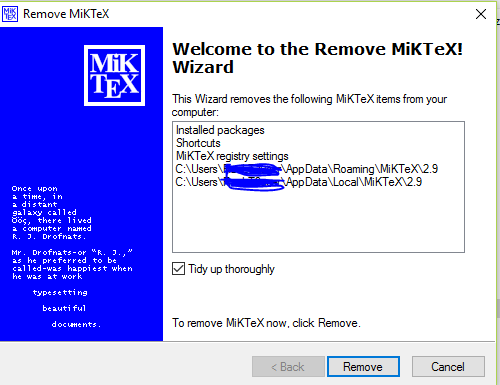 cannot disinstall miktex in ms windows 7