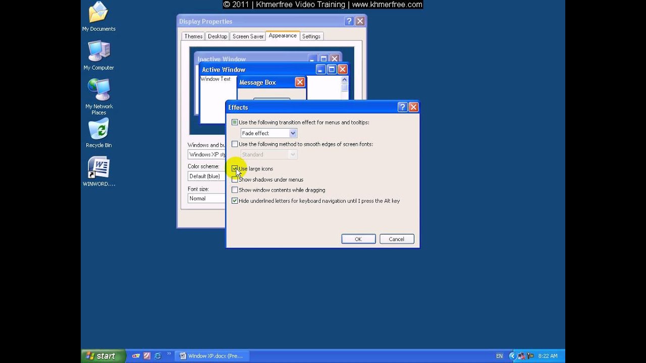 modifier la taille des icônes du bureau autour de Windows XP