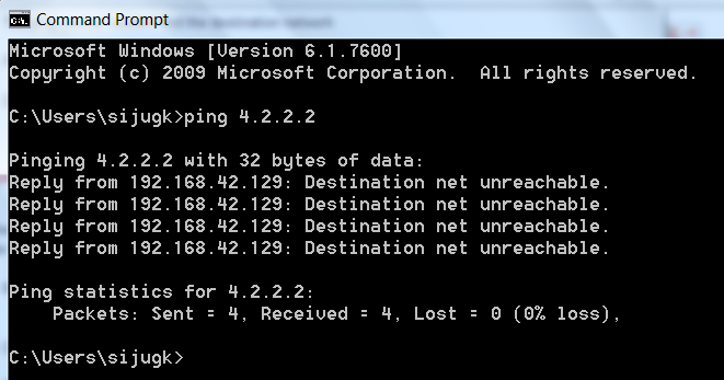 destination net unreachable error at what time ping