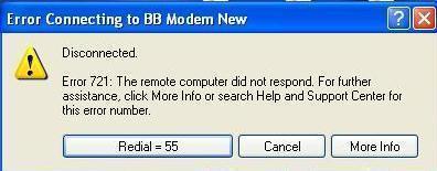 dial up networking error 721