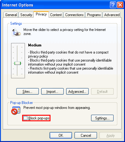 disable pop up blocker in windows 2000