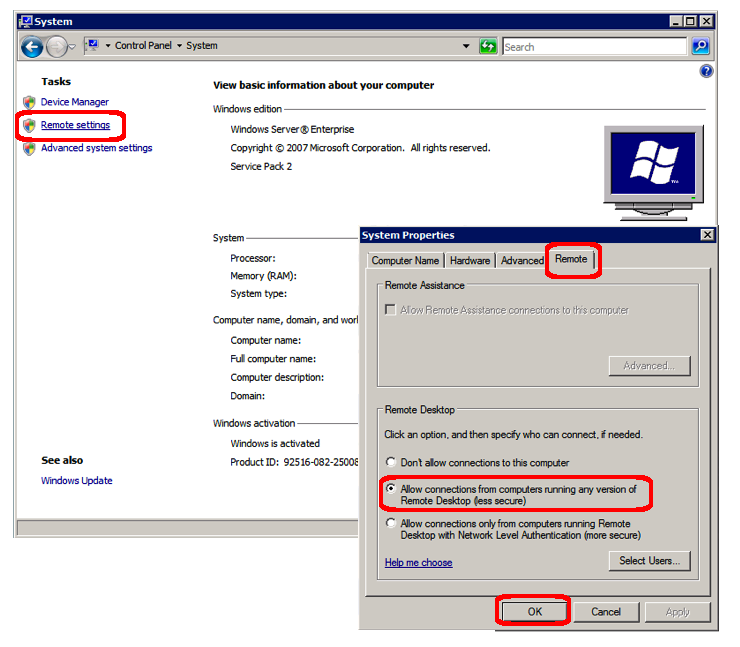 enable remote desktop verschijnen in windows server 2008 r2