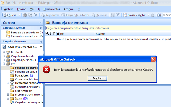 error desconocido p la interfaz de mensajes Outlook xp