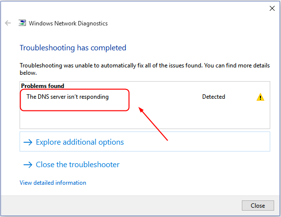 advertencia de error no se puede conectar al servidor dns