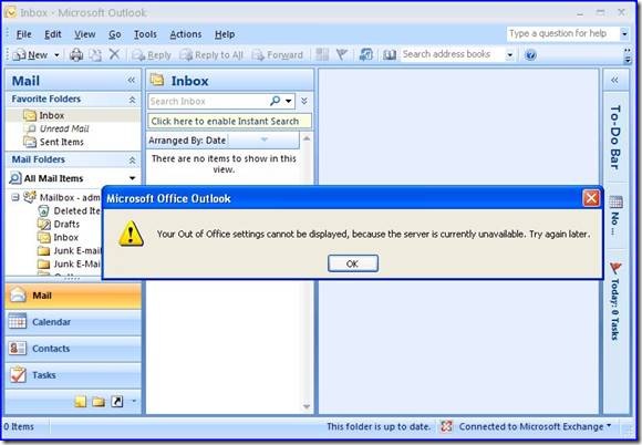 exchange 2007 obecnie podłączony do biura nie działa w programie Outlook
