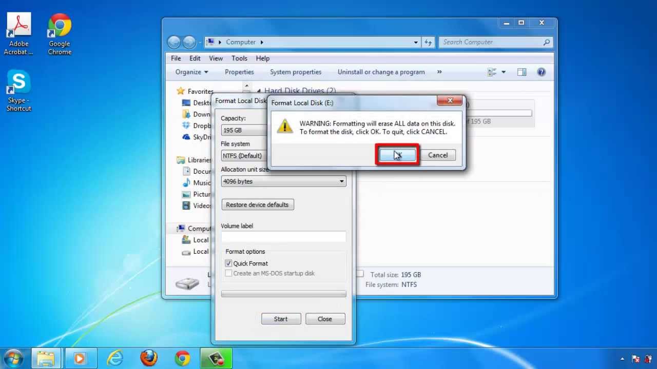 formattare un disco rigido esterno rispetto a Windows 7