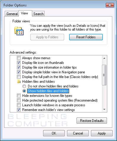 versteckter Ordner, der in Windows Vista angezeigt wird