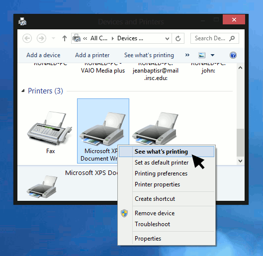как очистить очередь принтера для Windows 8