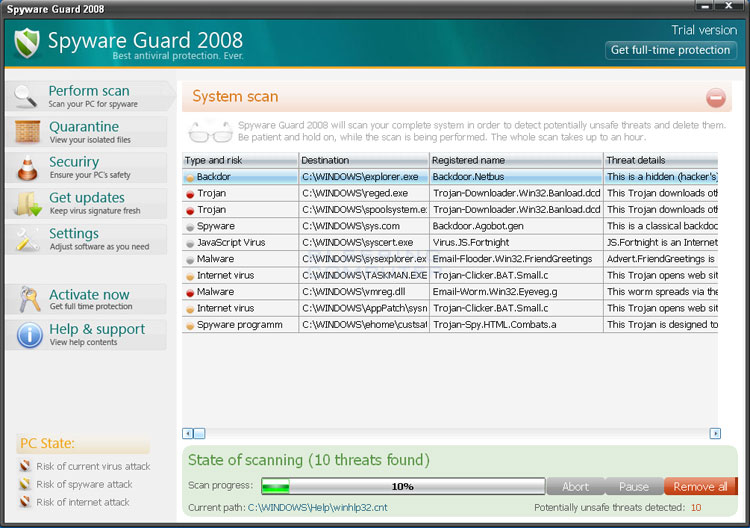 come posso liberarmi dello spyware gaurd 2008