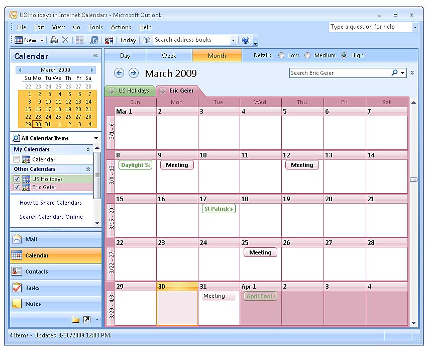 como alterar a visualização padrão do calendário pelo Outlook 2007
