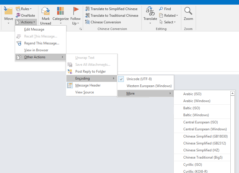 how to change email view encoding in outlook 2010