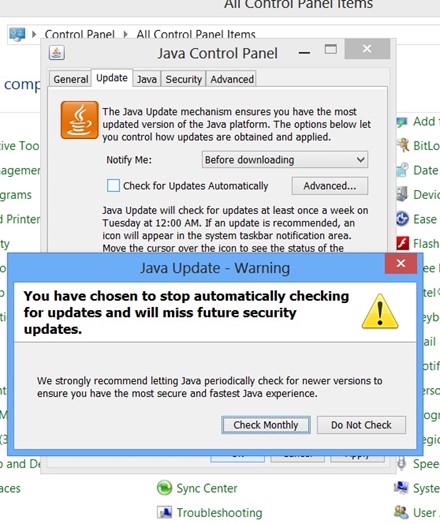 как отключить Java в Windows 8