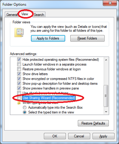 how to disable simple file sharing in windows