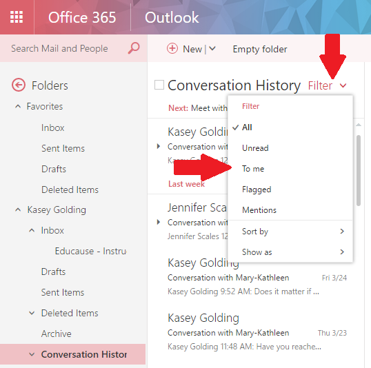 как открыть папку с историями бесед в Outlook