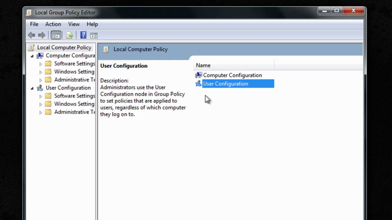 how to open user configuration in windows 7