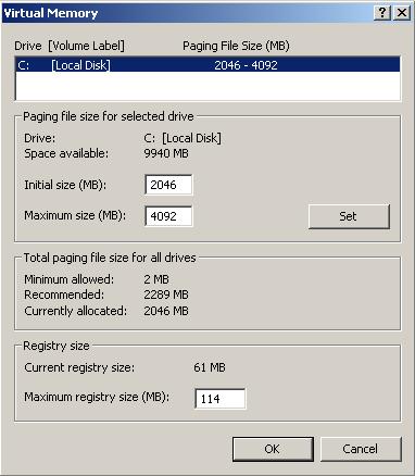 ökning av registerstorlek under Windows XP