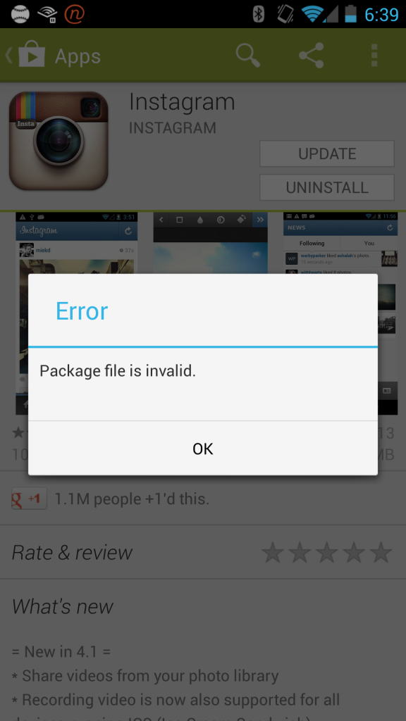 registro de paquete de error de instagram inválido