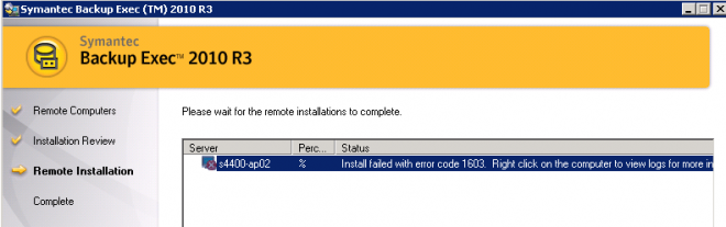 Installation fehlgeschlagen mit Fehler Programmcode 1603 Backup Exec