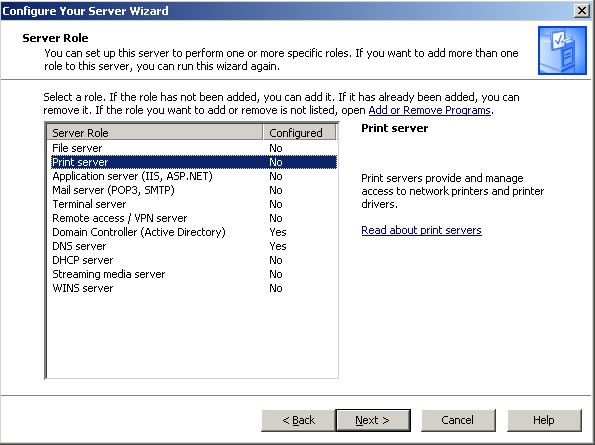 установить сервер печати в Windows 2003