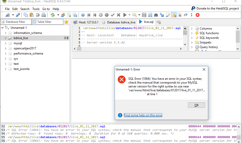joomla install 누구든지 SQL 구문에 오류가 있습니다.