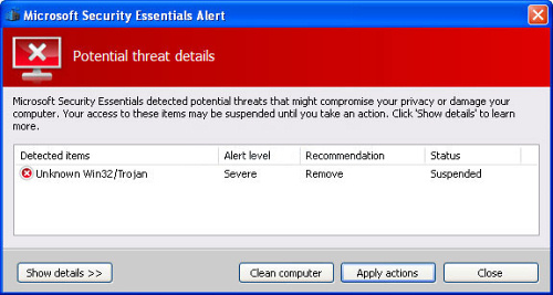alerta de elementos esenciales de seguridad de microsoft de malware