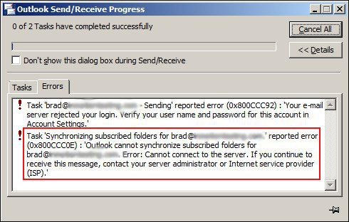 supervisión de correo de Microsoft 0x800ccc0e