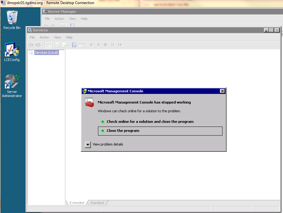 microsoft management console has stopped working windows 2008 r2