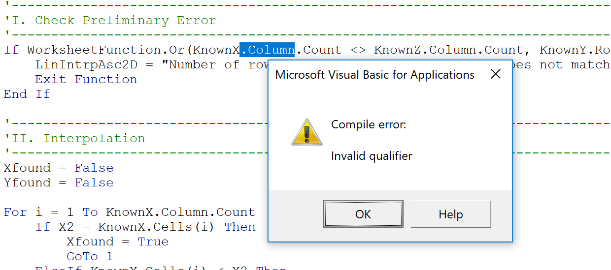 microsoft Visual Basic 컴파일 오류 잘못된 한정자