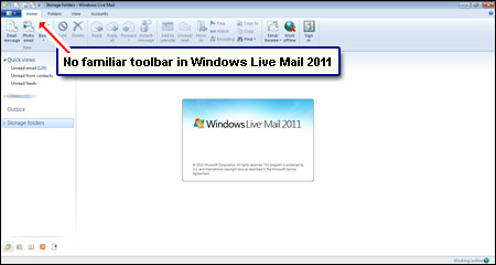 no toolbar in windows live mail