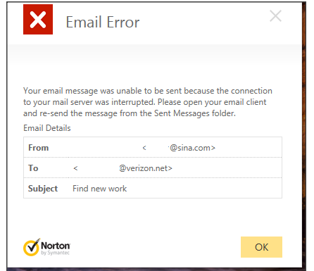 norton email error your email message was