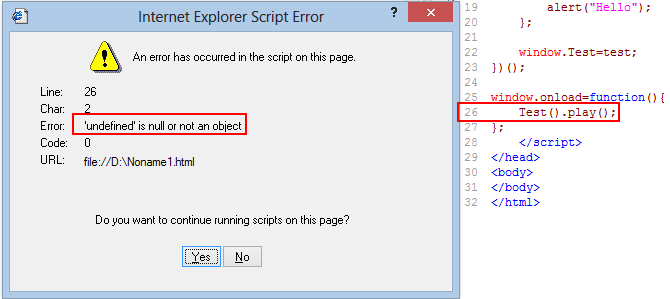 object window javascript error