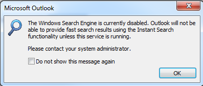 ошибка Outlook в настоящее время поисковая система Windows в Интернете отключена
