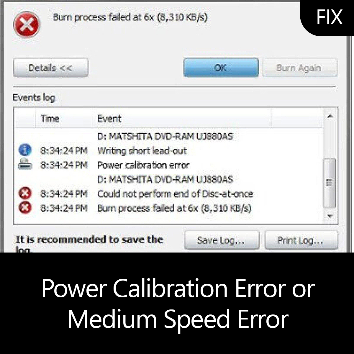 Error de calibración de potencia en DVD