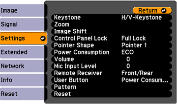 projector settings control panel