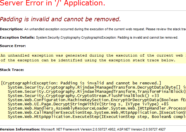 security cryptography cryptographicexception padding is invalid and