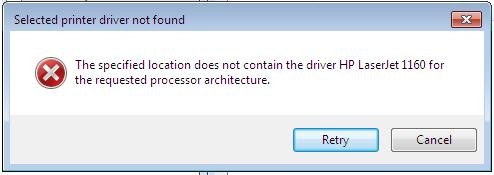 selected printer driver not found requested processor architecture