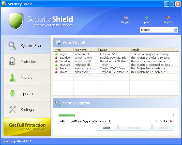 la suppression de l'antivirus shield