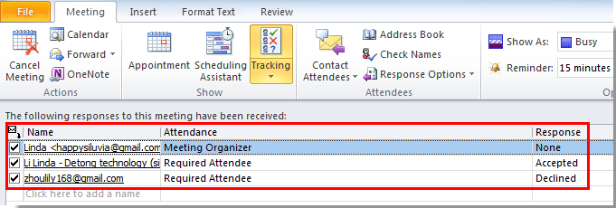 tracking attendee meeting responses in outlook 2010