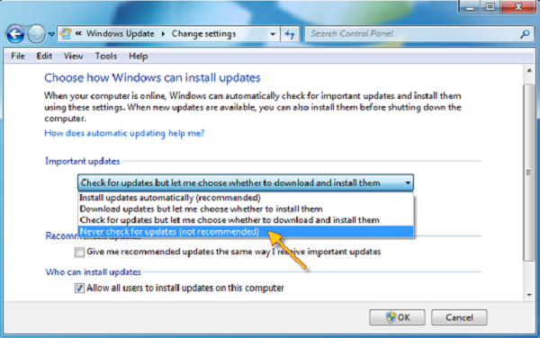 wyłącz natychmiastową aktualizację systemu Windows na stałe Windows 7