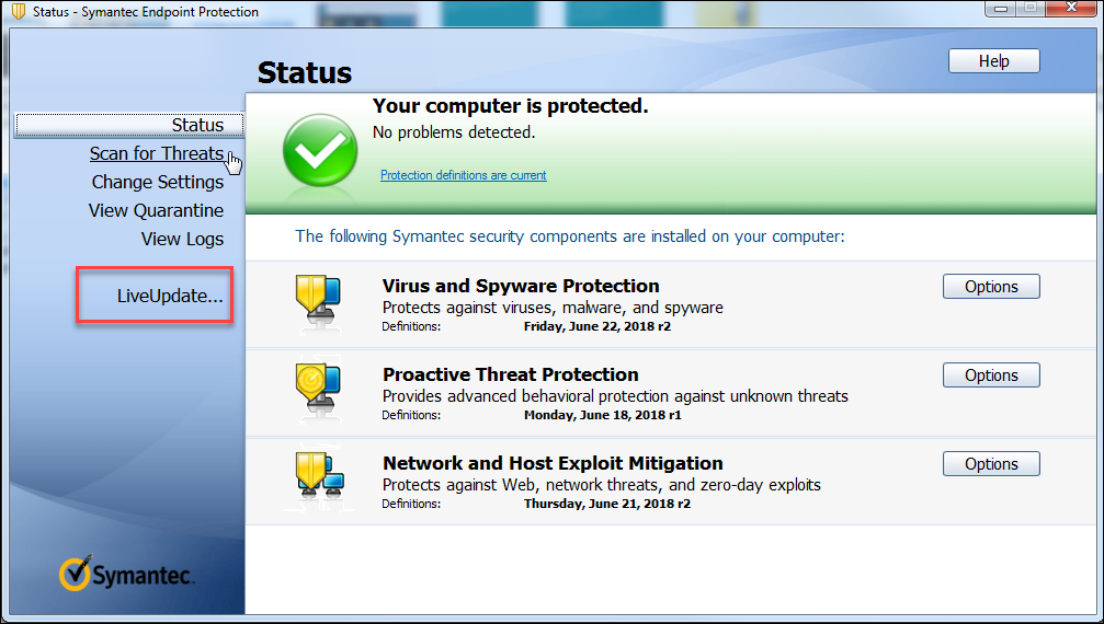 actualización del antivirus de Symantech