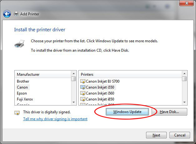 quais drivers de impressora estão no Windows 7