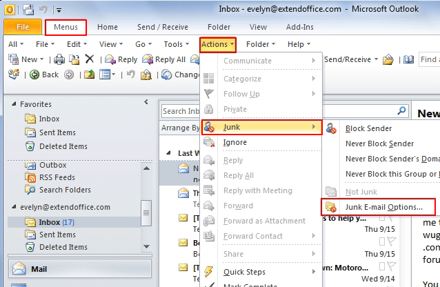 waar kan filter voor ongewenste e-mail zijn in Outlook 2010