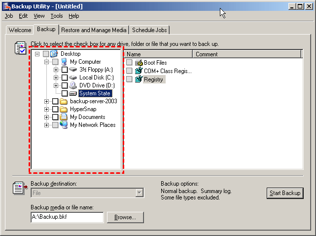 dove si trova il ripristino del sistema in Windows Hosting Server 2003