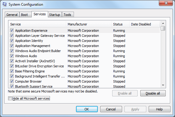 windows 7 msconfig-tjänster behövs inte