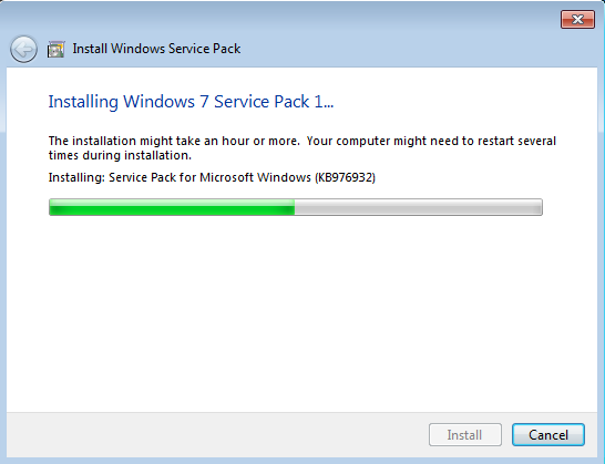 windows Seven Professional은 서비스 팩 1을 설치할 수 없습니다.