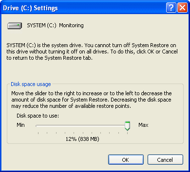 xp system restore disk space
